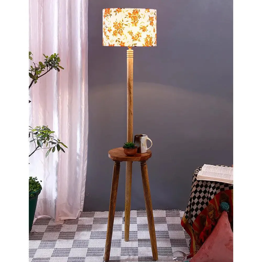 Premium Natural Wood Table Storage Floor Lamp With Orange Shade