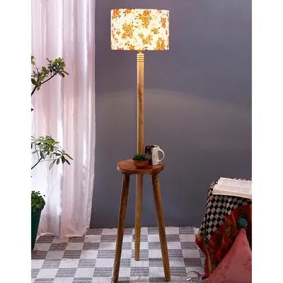 Premium Natural Wood Table Storage Floor Lamp With Orange Shade