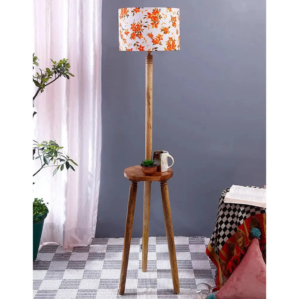 Premium Natural Wood Table Storage Floor Lamp With Orange Shade