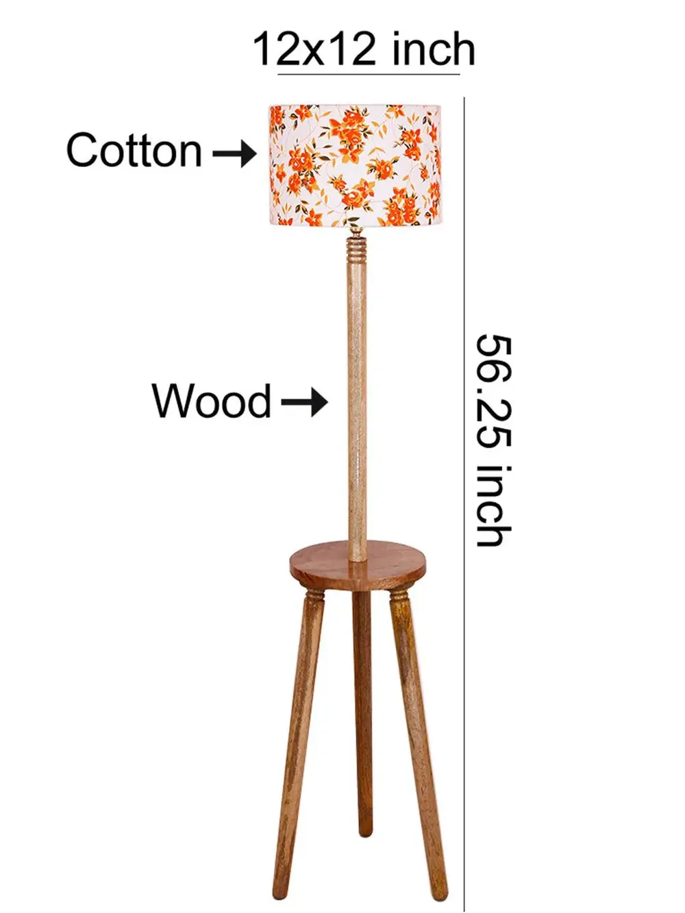 Premium Natural Wood Table Storage Floor Lamp With Orange Shade