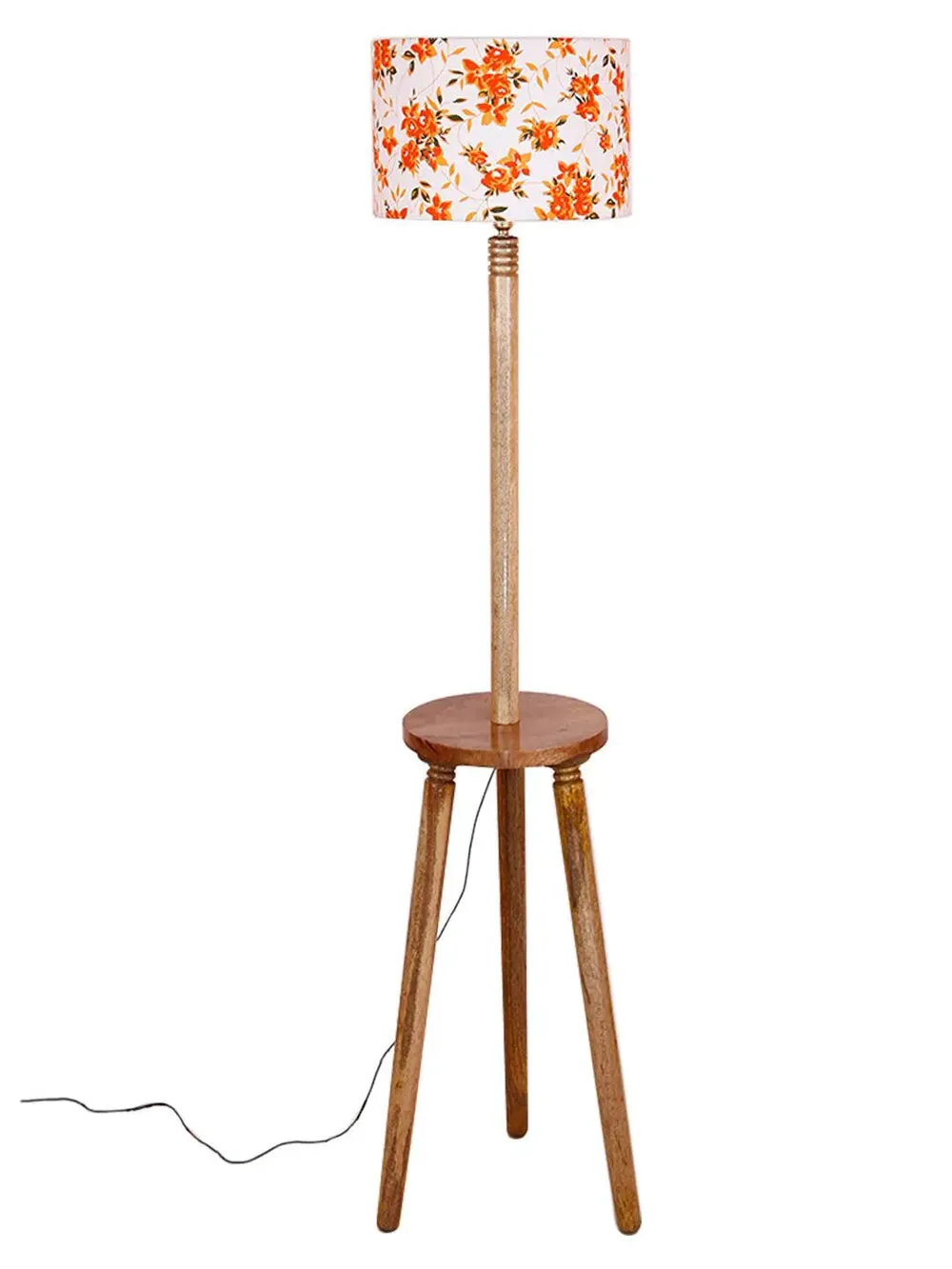 Premium Natural Wood Table Storage Floor Lamp With Orange Shade