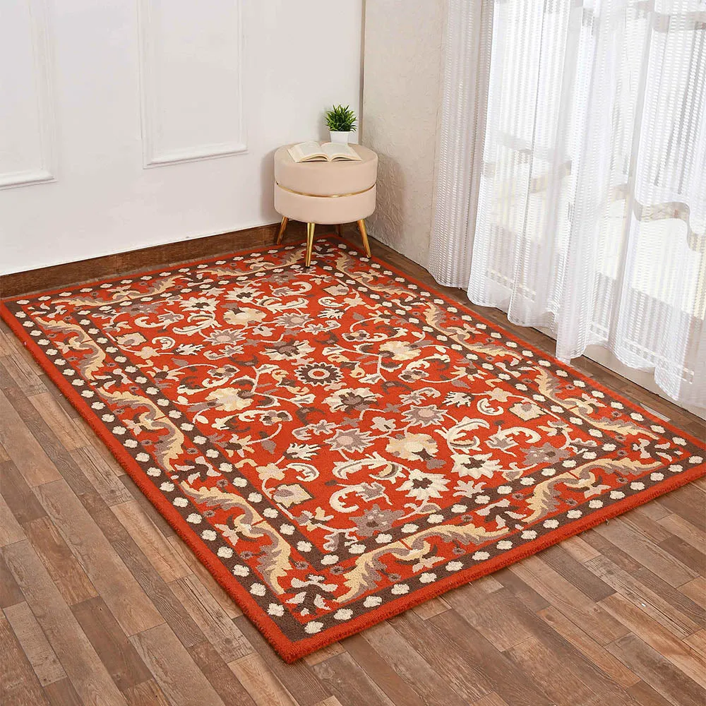 Premium Orange Traditional Print Hand Tufted Wool Carpet for Living Room 4X6
