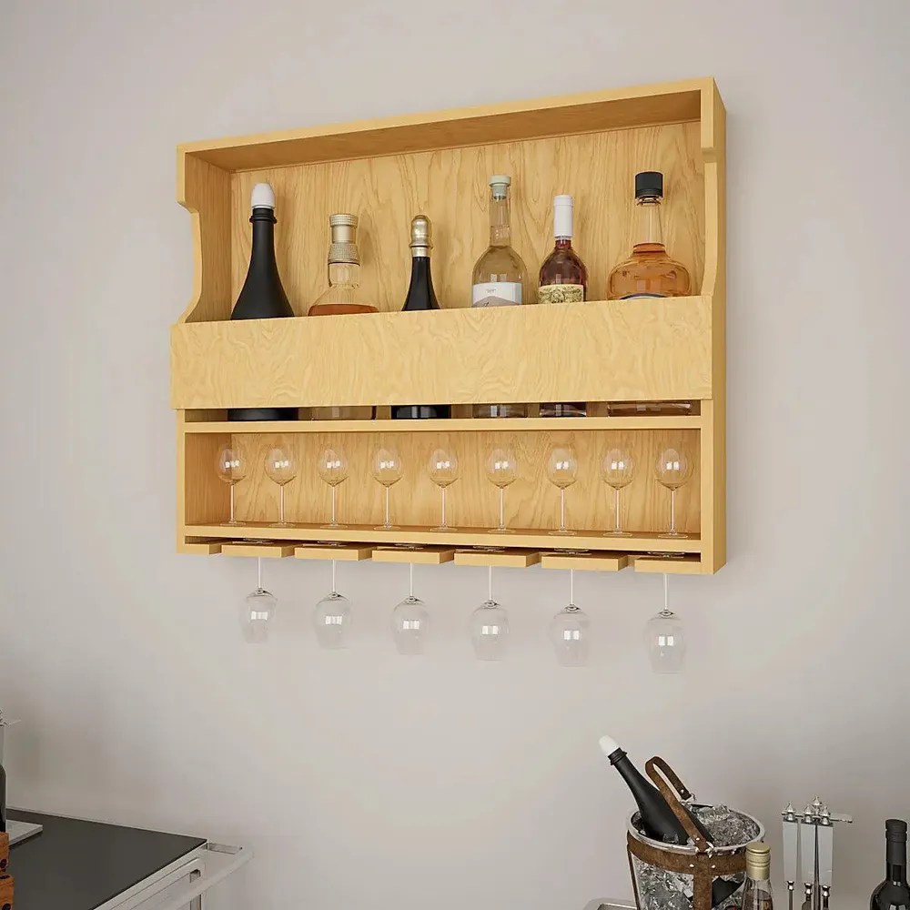 Premium-Quality Backlit Wooden Bar Wall Shelf / Mini Bar Cabinet in Light Oak Finish