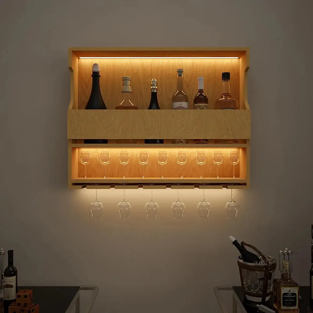 Premium-Quality Backlit Wooden Bar Wall Shelf / Mini Bar Cabinet in Light Oak Finish