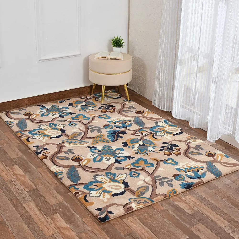 Premium-quality Beige Floral Print Hand Tufted Wool Carpet 3X5
