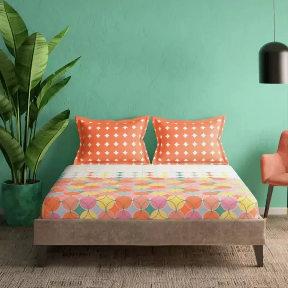 Premium-quality Geometric Printed Magnum Cotton King Size Bedsheet with 2 Pillow Covers - 300 Thread Count (Oraange)