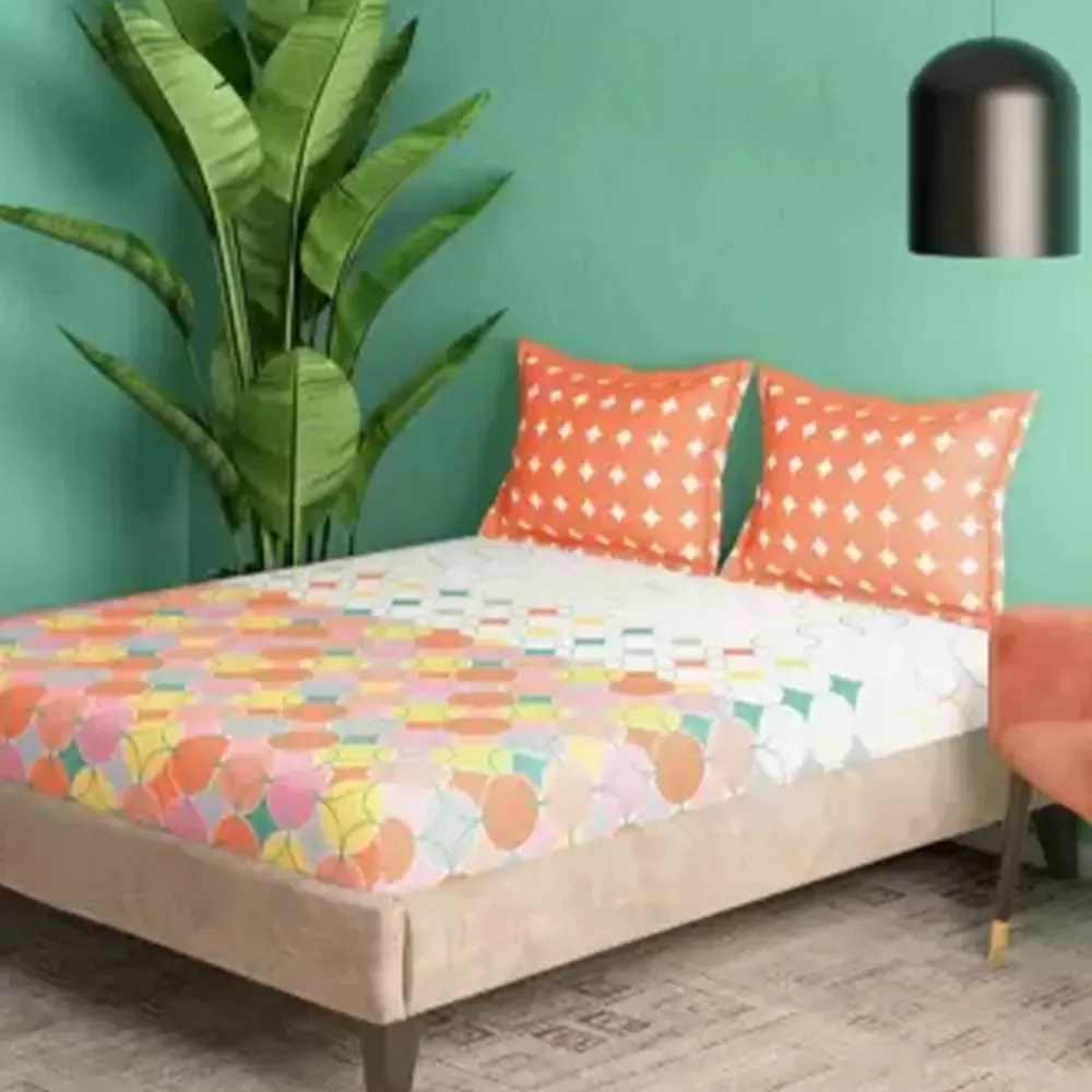 Premium-quality Geometric Printed Magnum Cotton King Size Bedsheet with 2 Pillow Covers - 300 Thread Count (Oraange)