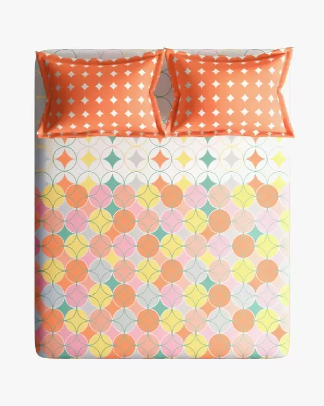Premium-quality Geometric Printed Magnum Cotton King Size Bedsheet with 2 Pillow Covers - 300 Thread Count (Oraange)