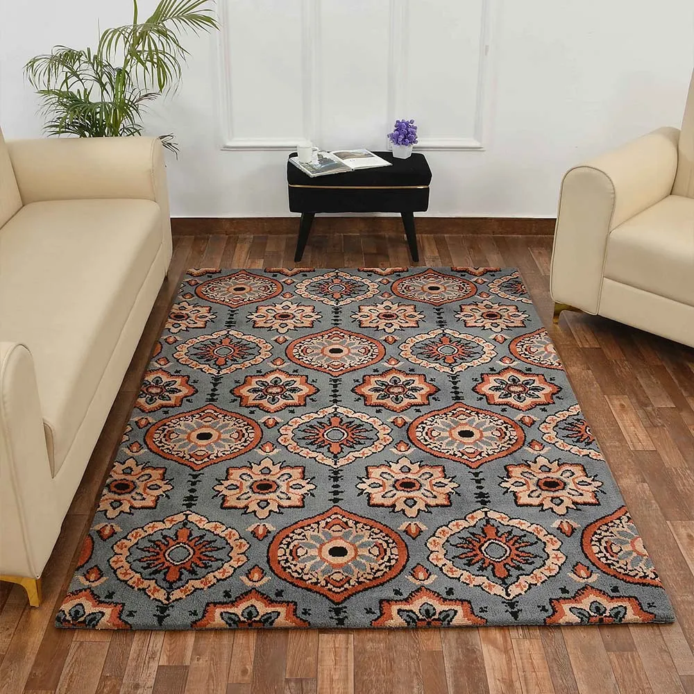 Premium-quality Grey and Orange Traditional Print Polyester Carpet 3X5