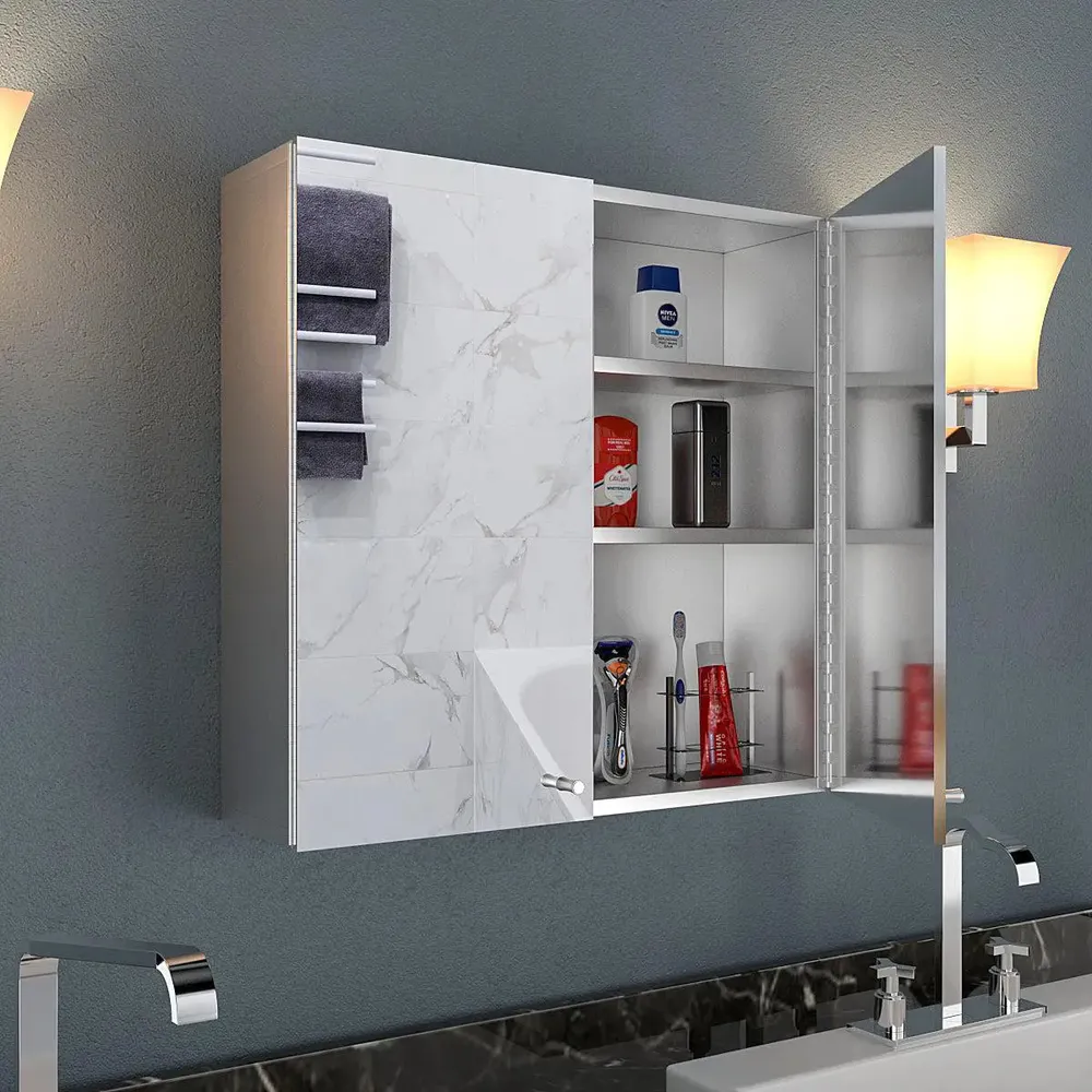 Premium Stainless Steel Dual Door Bathroom Cabinet With Mirror &amp; 3 Spacious Shelves