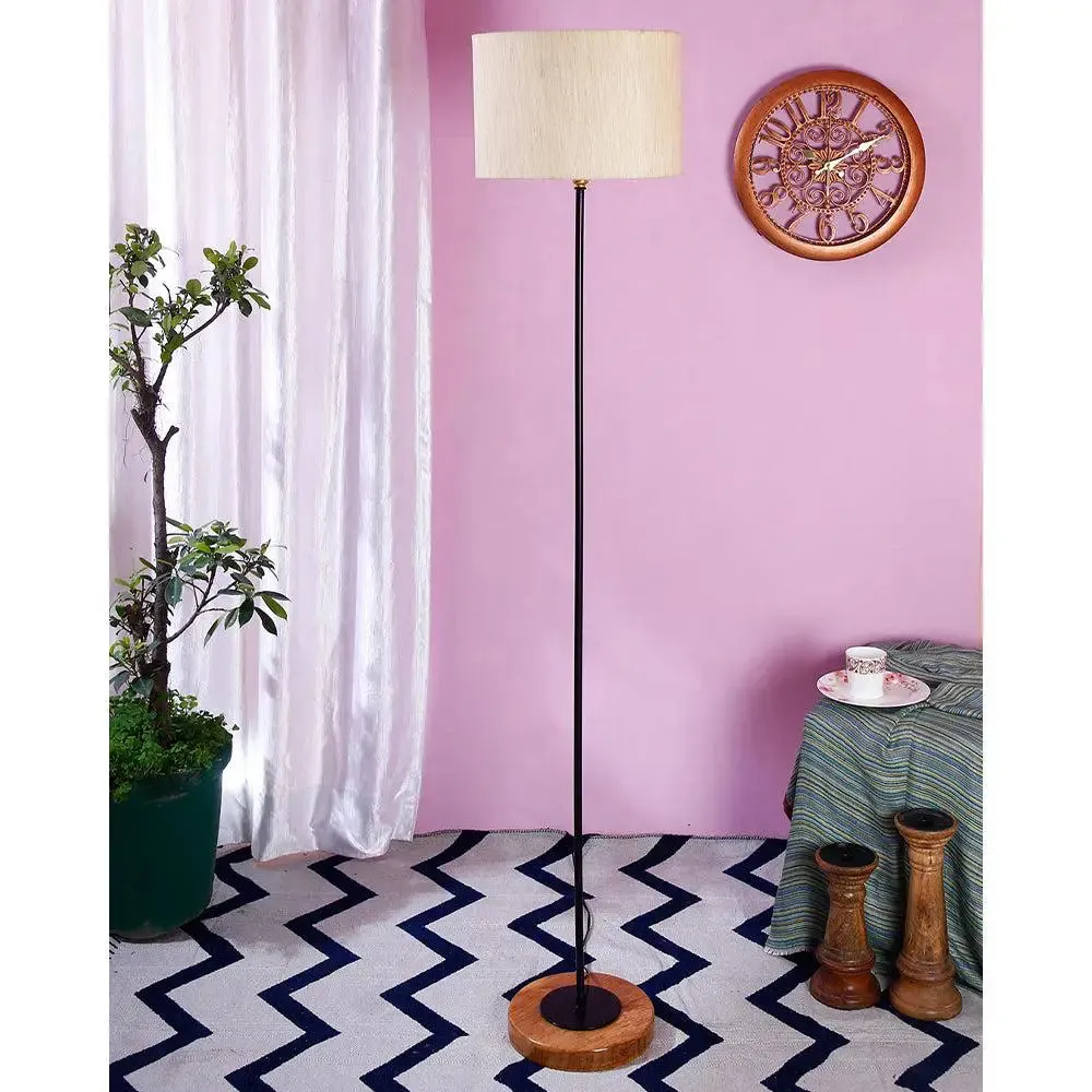 Premium Stick Floor Lamp with Wood Round Base & Cotton Shade Off-White
