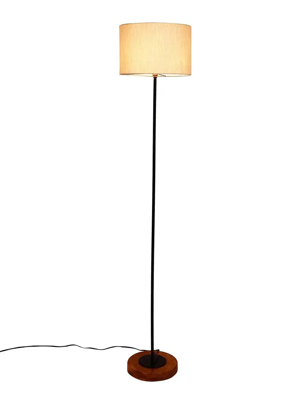 Premium Stick Floor Lamp with Wood Round Base & Cotton Shade Off-White