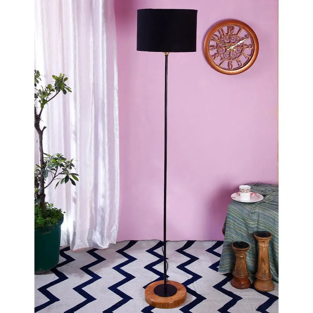 Premium Stick Floor Lamp with Wood Round Base & Cotton Shade Off-White