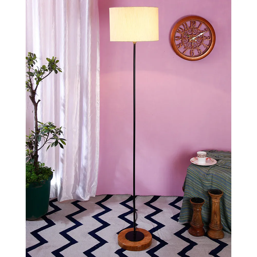 Premium Stick Floor Lamp with Wood Round Base & Cotton Shade Off-White