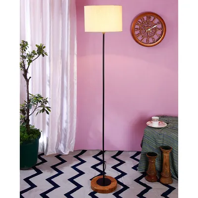 Premium Stick Floor Lamp with Wood Round Base & Cotton Shade