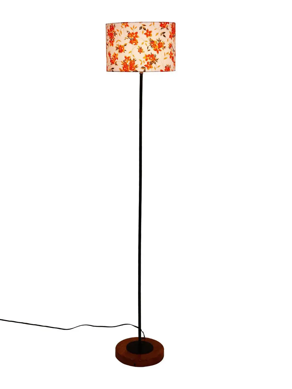 Premium Stick Floor Lamp with Wood Round Base & Orange Drum Shade