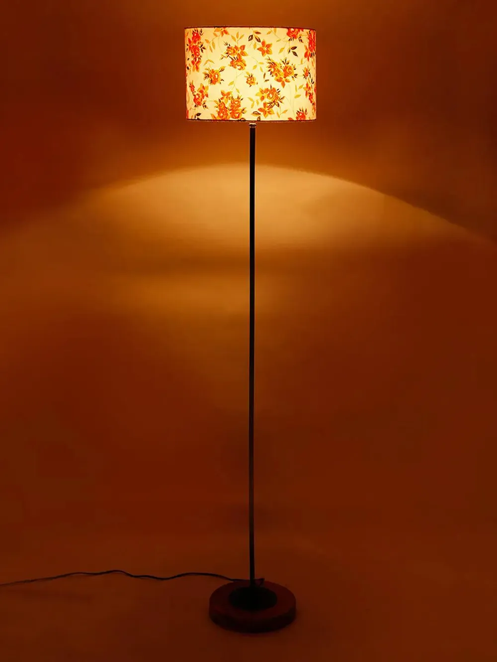 Premium Stick Floor Lamp with Wood Round Base & Orange Drum Shade