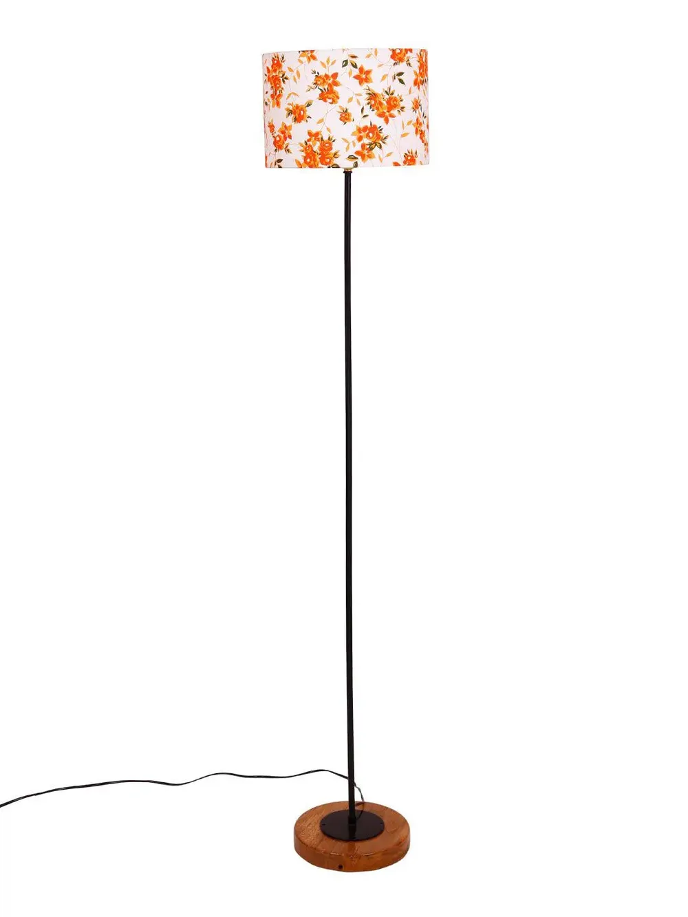 Premium Stick Floor Lamp with Wood Round Base & Orange Drum Shade