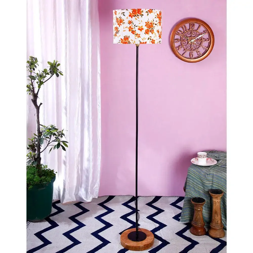 Premium Stick Floor Lamp with Wood Round Base & Orange Drum Shade