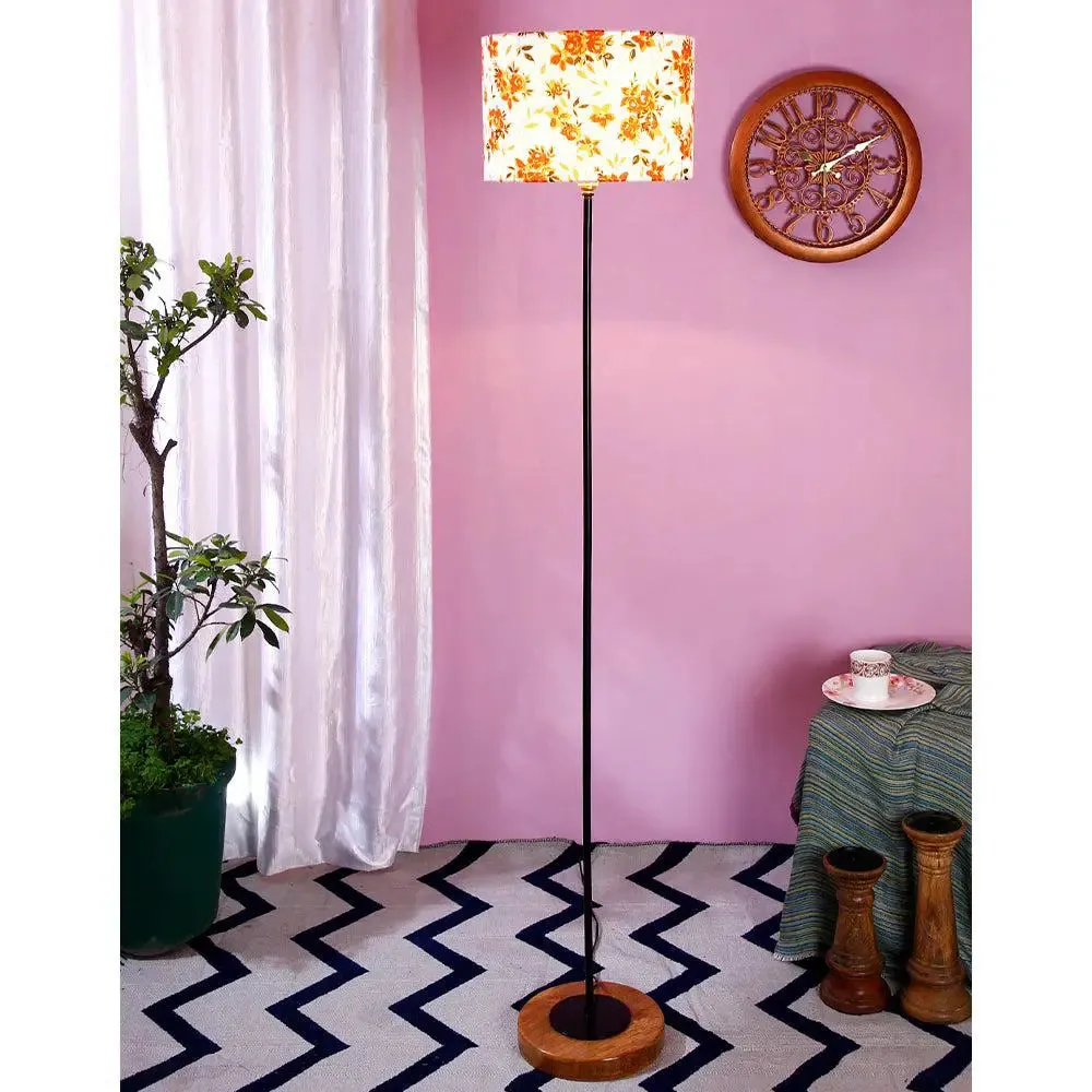 Premium Stick Floor Lamp with Wood Round Base & Orange Drum Shade