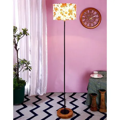 Premium Stick Floor Lamp with Wood Round Base & Orange Drum Shade