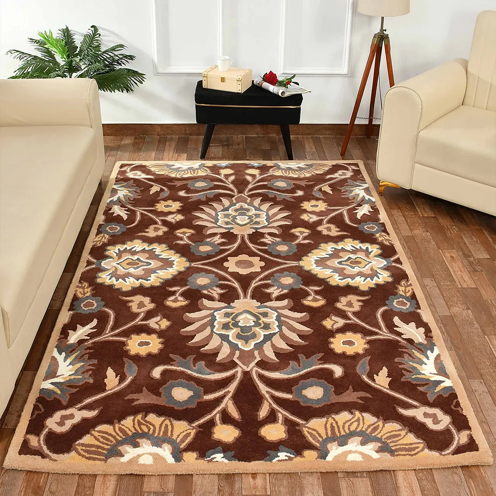 Premium Traditional Pattern Hand Tufted White & Brown Wool Carpet 5X8