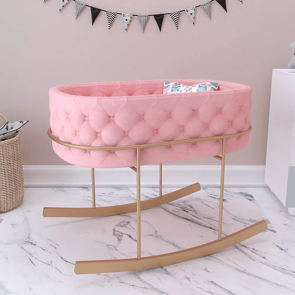 Premium Velvet Cushioned Swing Cradle with Iron Stand Light Pink