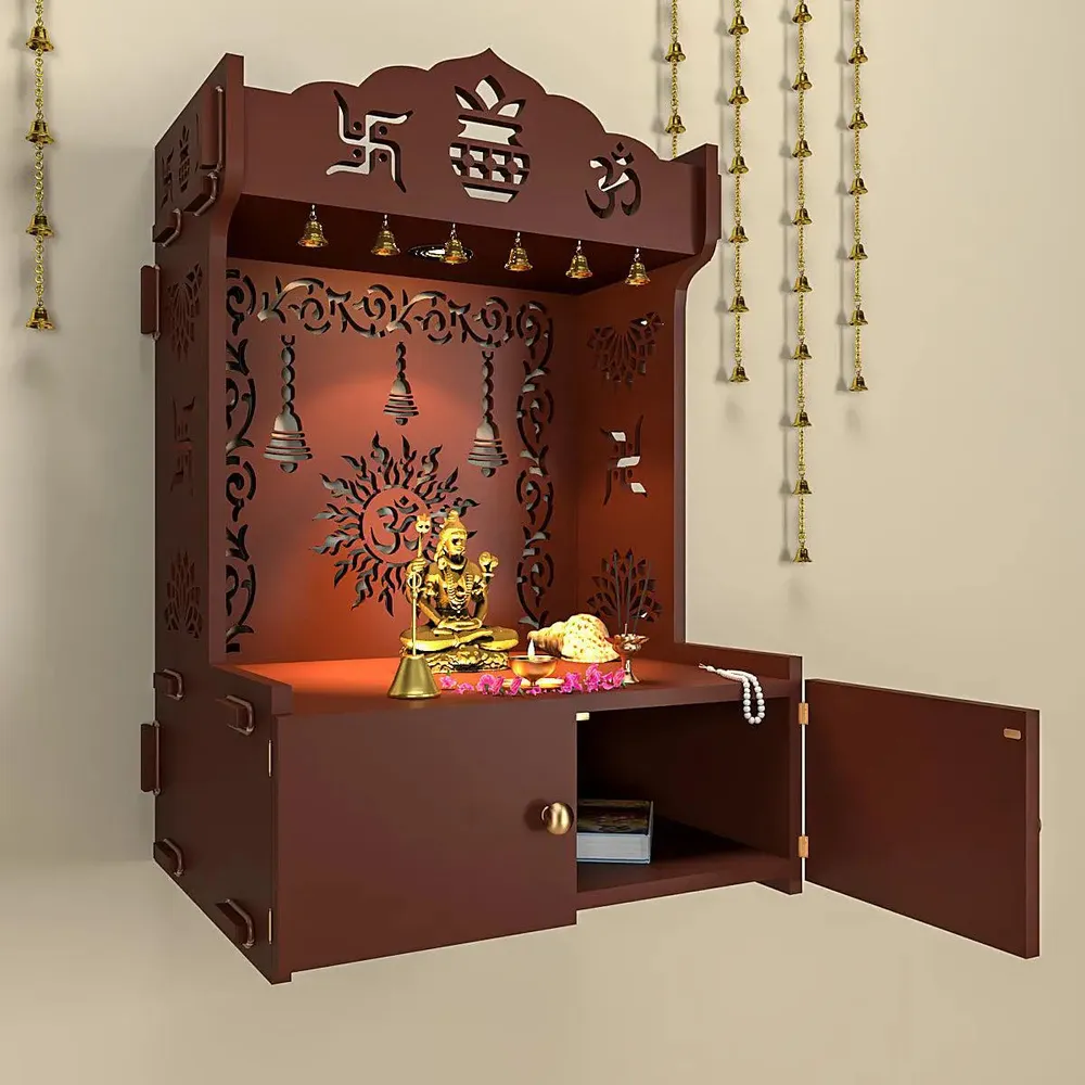 Premium Wall Temple with Inbuilt Focus Light &amp; Spacious Wooden Shelf- Brown