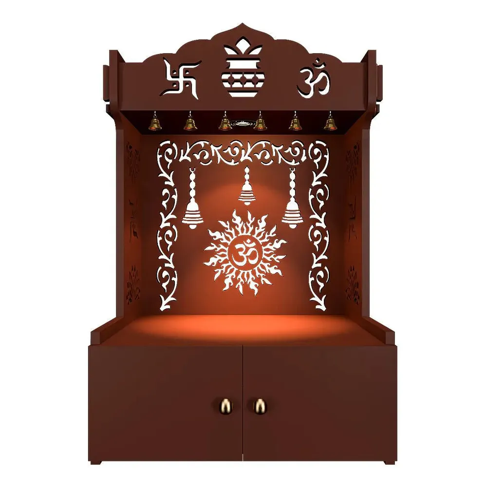 Premium Wall Temple with Inbuilt Focus Light &amp; Spacious Wooden Shelf- Brown