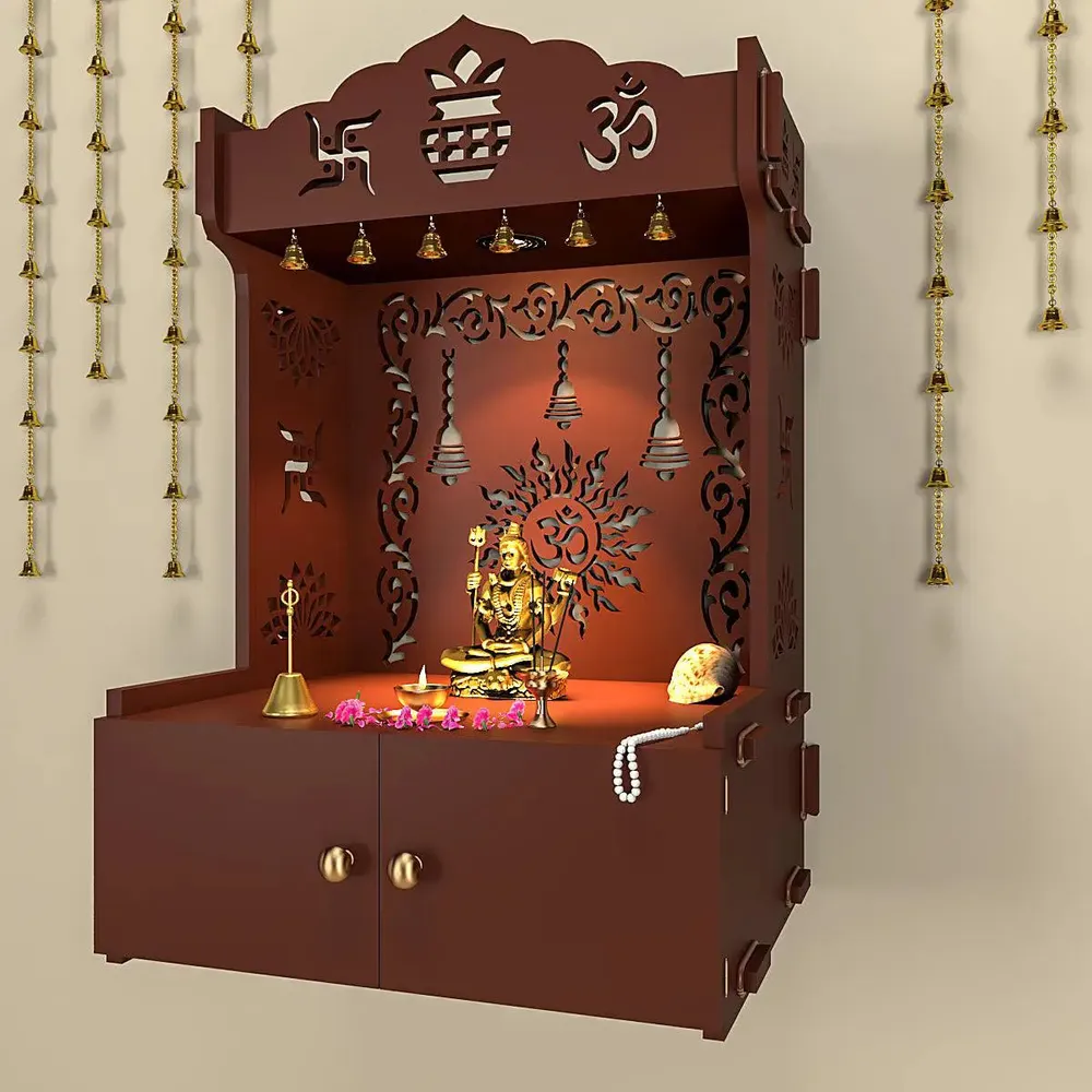 Premium Wall Temple with Inbuilt Focus Light &amp; Spacious Wooden Shelf- Brown