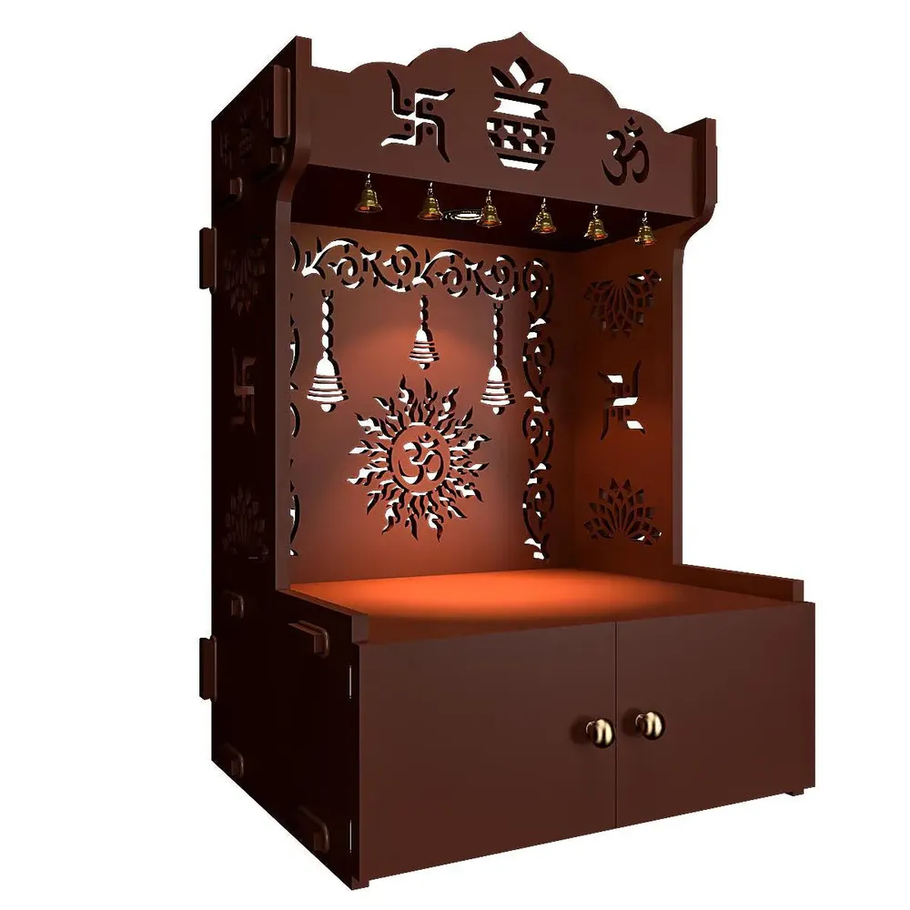 Premium Wall Temple with Inbuilt Focus Light &amp; Spacious Wooden Shelf- Brown