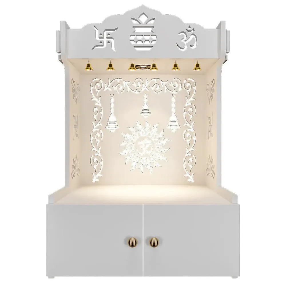 Premium Wall Temple with Inbuilt Focus Light &amp; Spacious Wooden Shelf- White