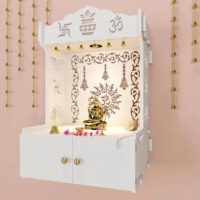 Premium Wall Temple with Inbuilt Focus Light &amp; Spacious Wooden Shelf- White