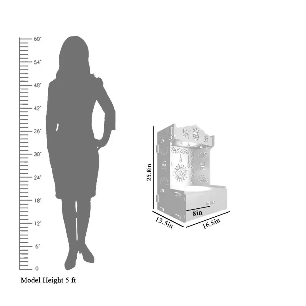 Premium Wall Temple with Inbuilt Focus Light &amp; Spacious Wooden Shelf- White