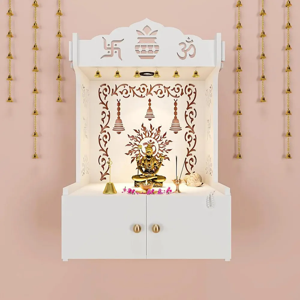 Premium Wall Temple with Inbuilt Focus Light &amp; Spacious Wooden Shelf- White