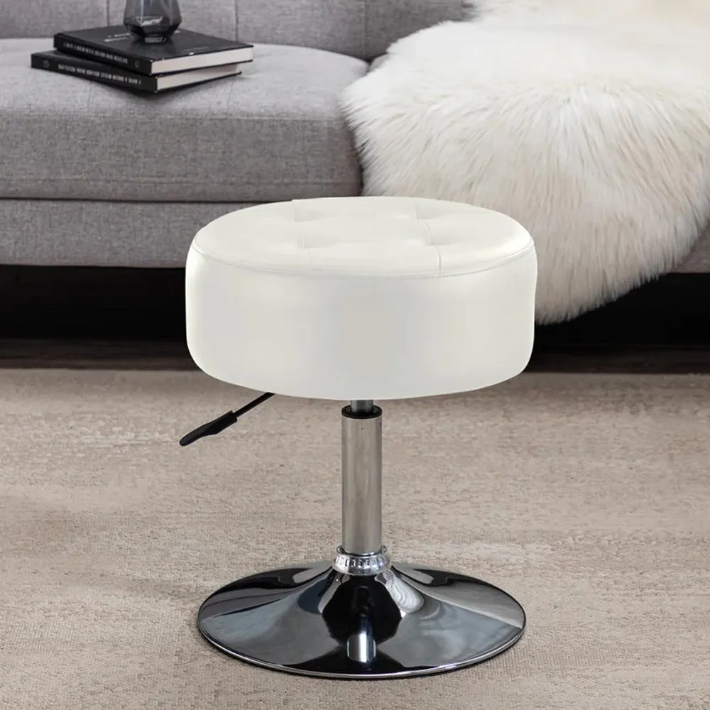 Premium White Leatherette Vanity Stool with Round Metal Stand