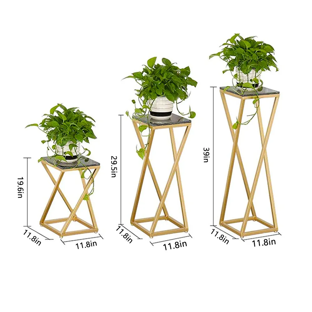 Premium White Marble Top Sturdy Metal Planter Stand (Set of 3)