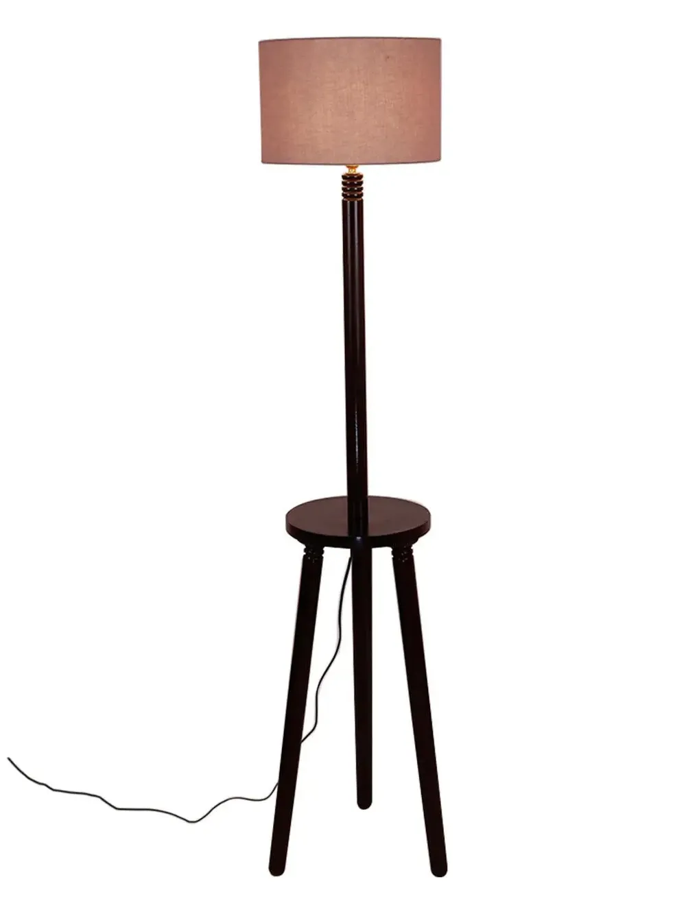 Premium Wood Brown Table Storage Floor Lamp With Cotton Shade Red