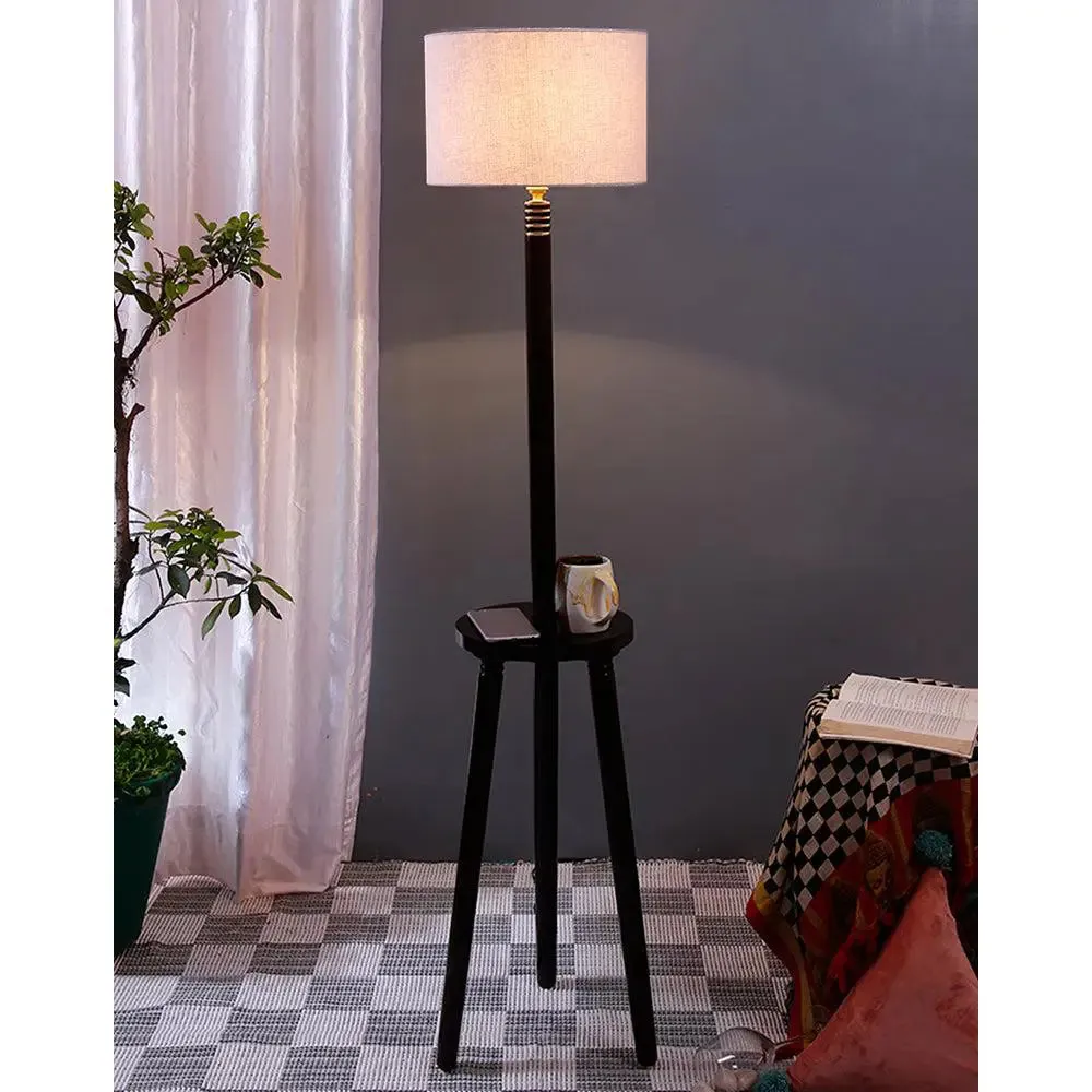 Premium Wood Brown Table Storage Floor Lamp With Cotton Shade Red