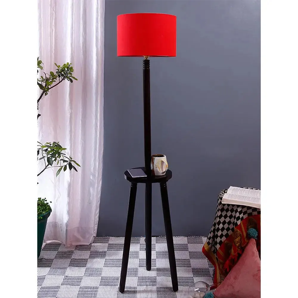 Premium Wood Brown Table Storage Floor Lamp With Cotton Shade Red