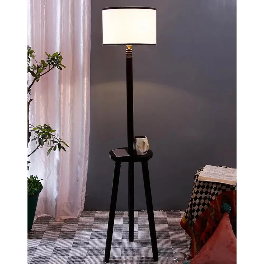 Premium Wood Brown Table Storage Floor Lamp With Cotton Shade Red