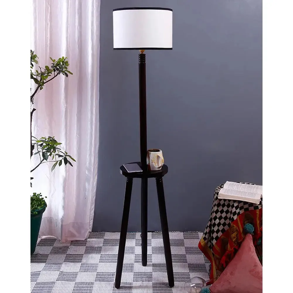 Premium Wood Brown Table Storage Floor Lamp With Cotton Shade Red