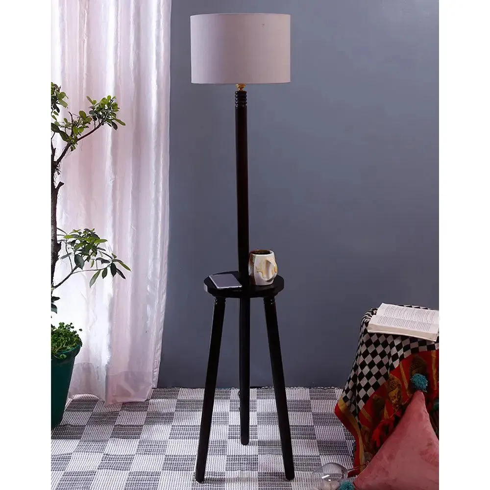 Premium Wood Brown Table Storage Floor Lamp With Cotton Shade Red