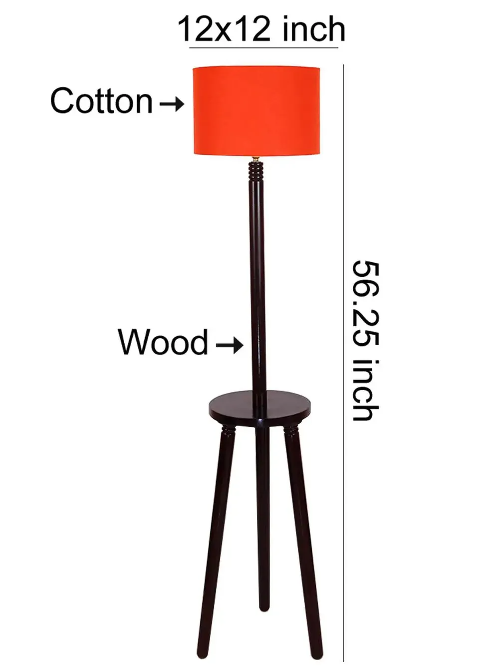 Premium Wood Brown Table Storage Floor Lamp With Cotton Shade Red