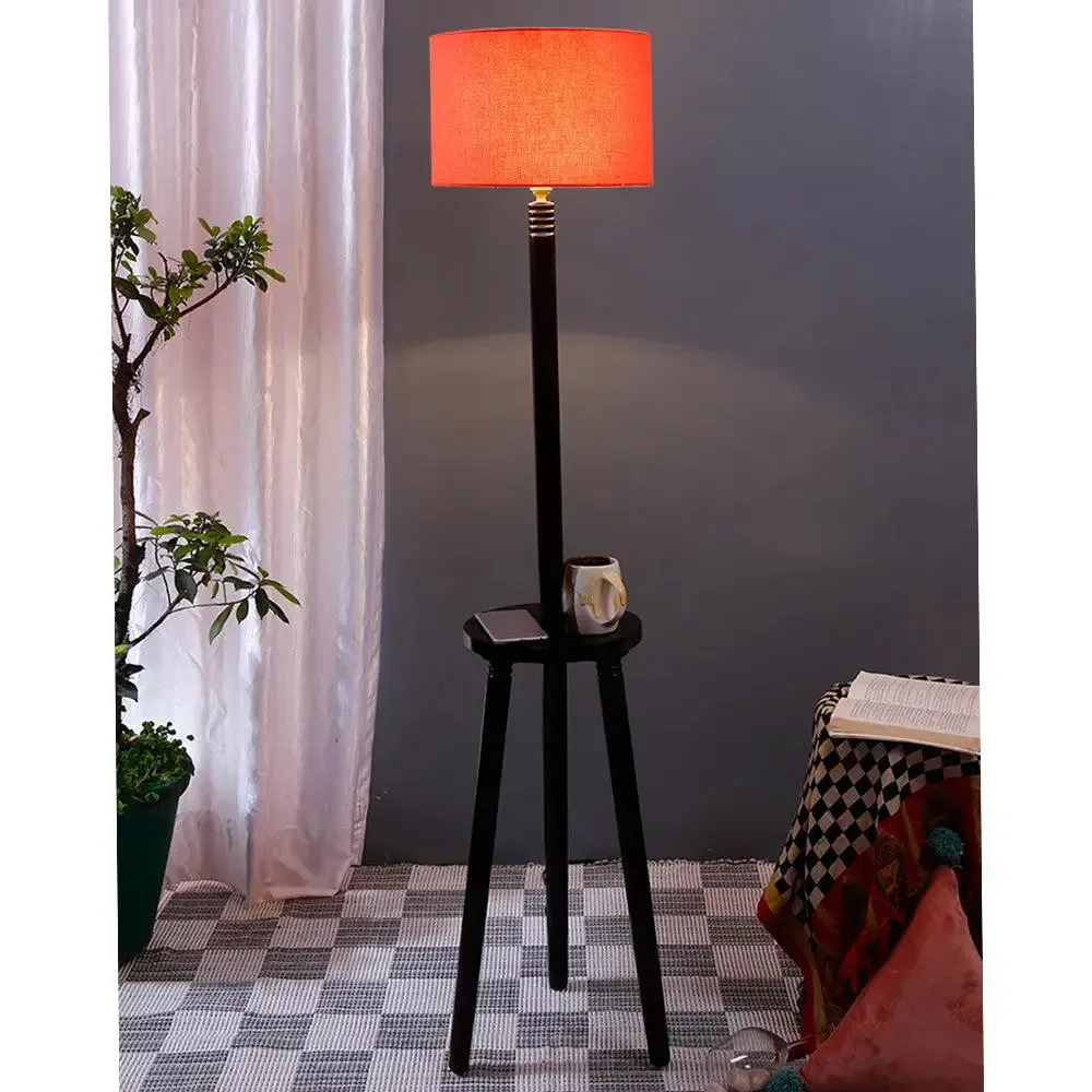 Premium Wood Brown Table Storage Floor Lamp With Cotton Shade Red