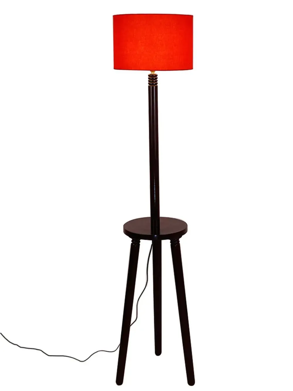 Premium Wood Brown Table Storage Floor Lamp With Cotton Shade Red