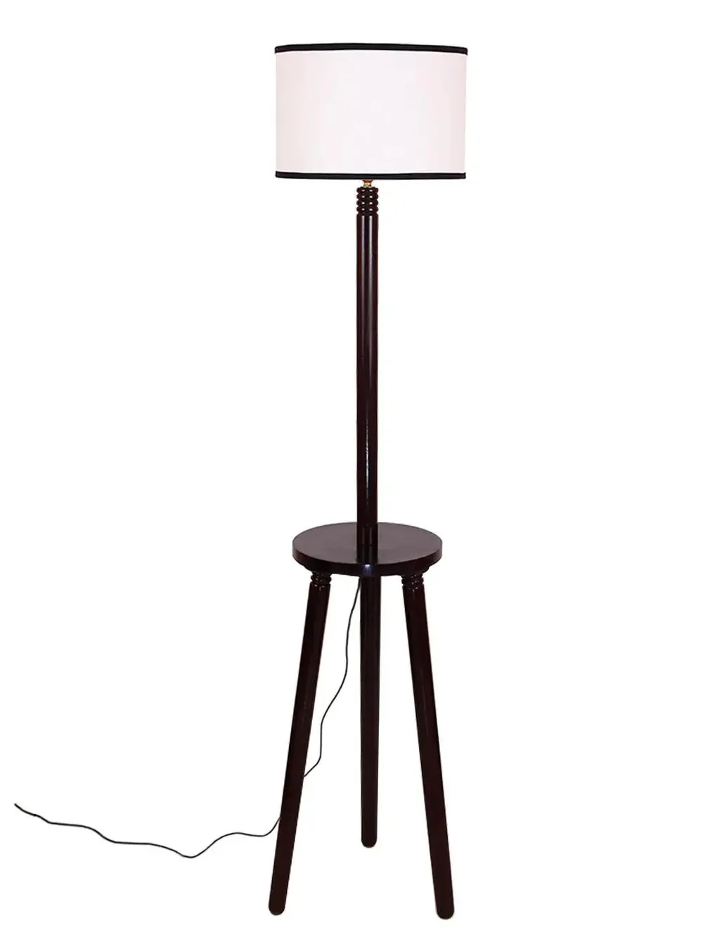 Premium Wood Brown Table Storage Floor Lamp With Cotton Shade Red