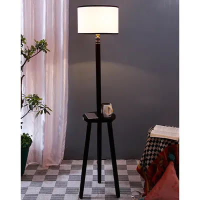 Premium Wood Brown Table Storage Floor Lamp With Cotton Shade
