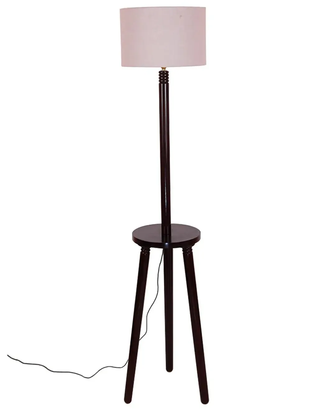 Premium Wood Brown Table Storage Floor Lamp With Cotton Shade Red