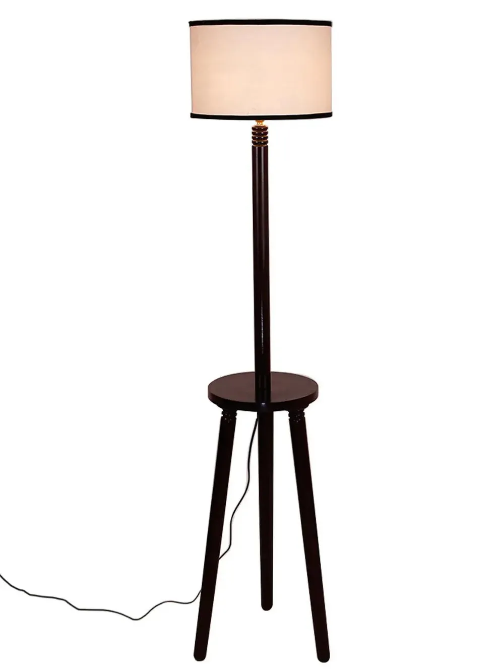 Premium Wood Brown Table Storage Floor Lamp With Cotton Shade Red